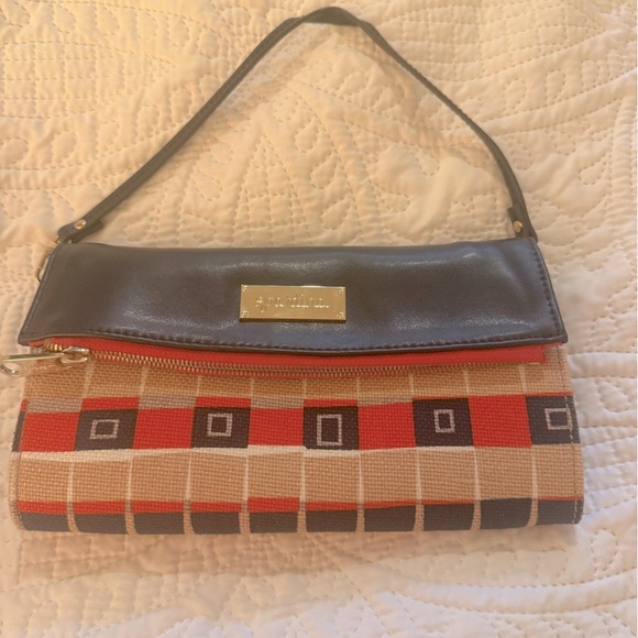 Spartina 449 Natural Linen & Leather Red/Black Geometric Clutch - NWOT - Picture 1 of 12